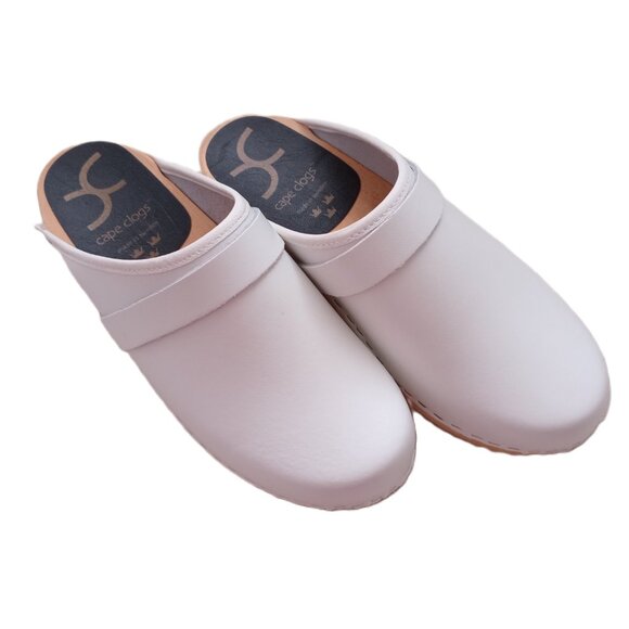 Swedish Cape Clogs White Leather Wooden Mules Shoes Slip On Stylish Size US 6.5 - Picture 10 of 10